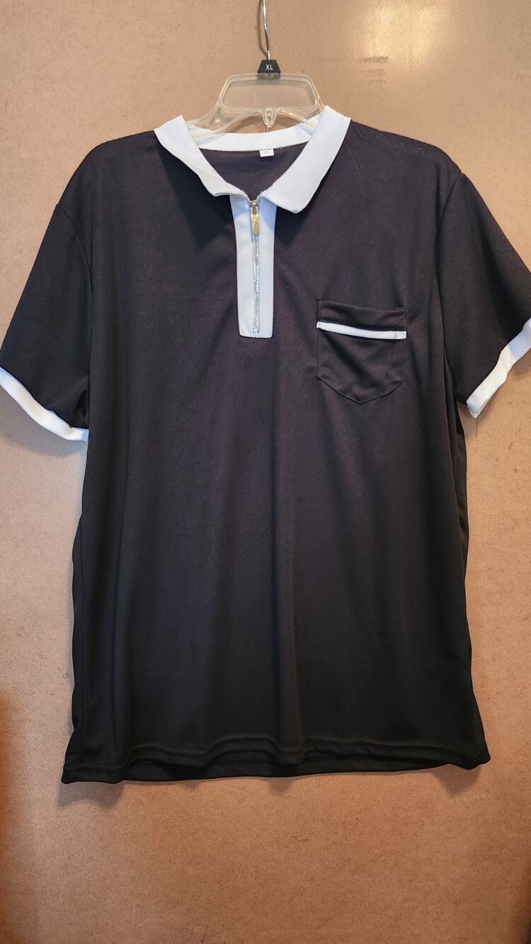 Mens Quarter Zip Polo Shirt XL Black White Contrast Trim Pocket Golf Tee #517